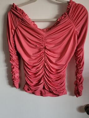 Express Bodycon Ruched Coral Pink Long-Sleeve Blouse
